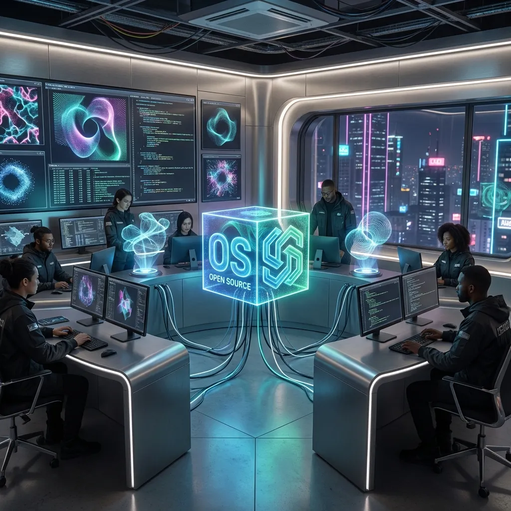 Cover Image: A futuristic digital studio merging code and art, showing a glowing open source cube powering creative visuals