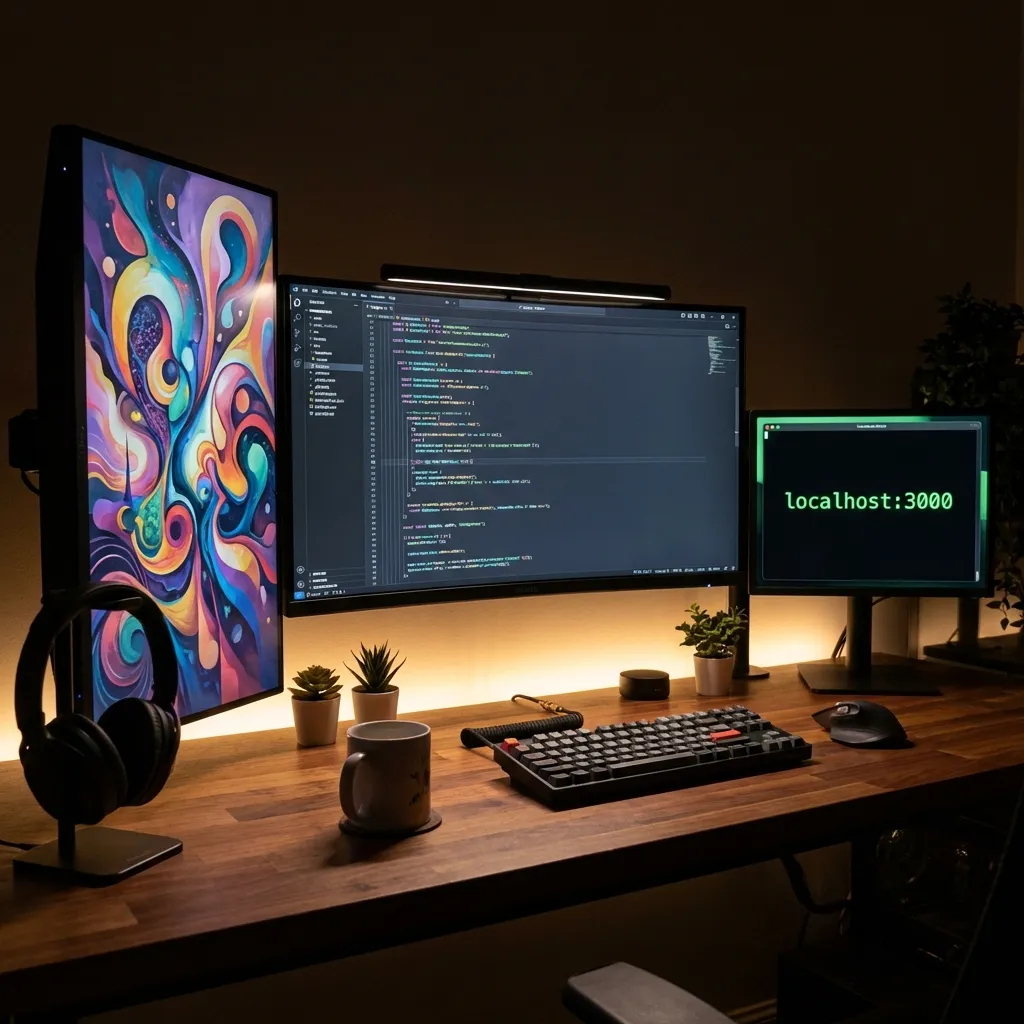 Localhost Future: A developer desk setup with multiple screens ensuring code and beautiful AI art, with a 'localhost:3000' visible on screen