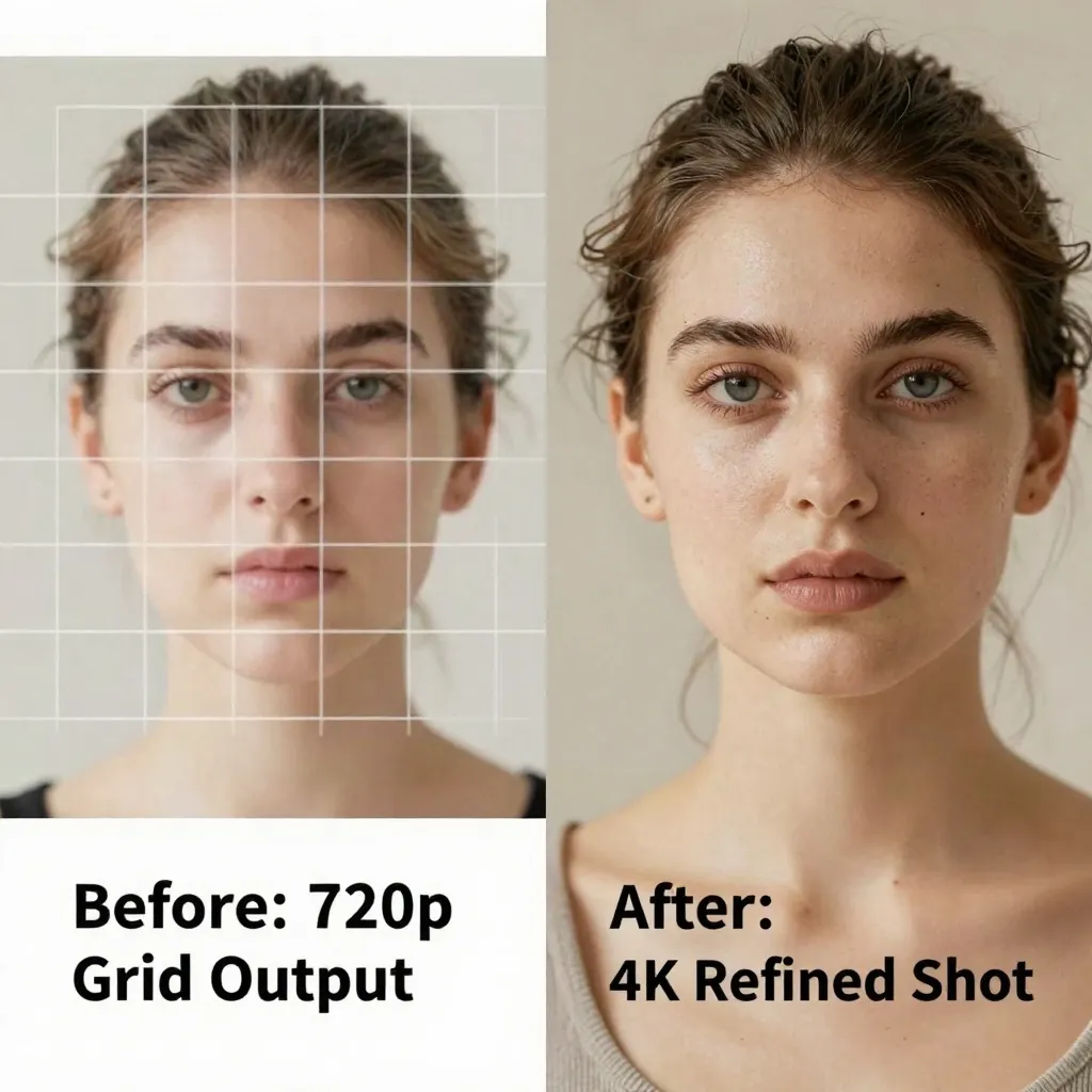 Split-screen comparison showing low resolution before upscaling and crisp 4K result after