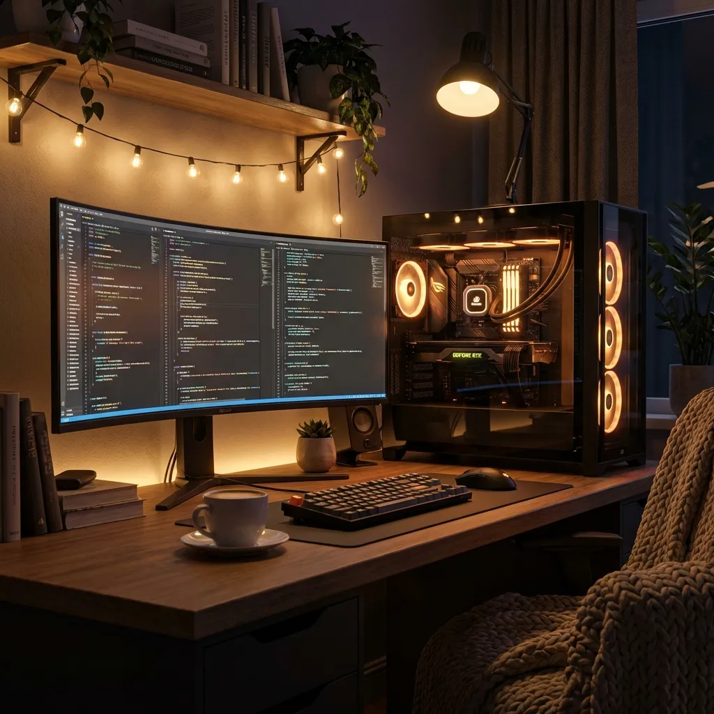 Cozy workspace with high-end PC setup