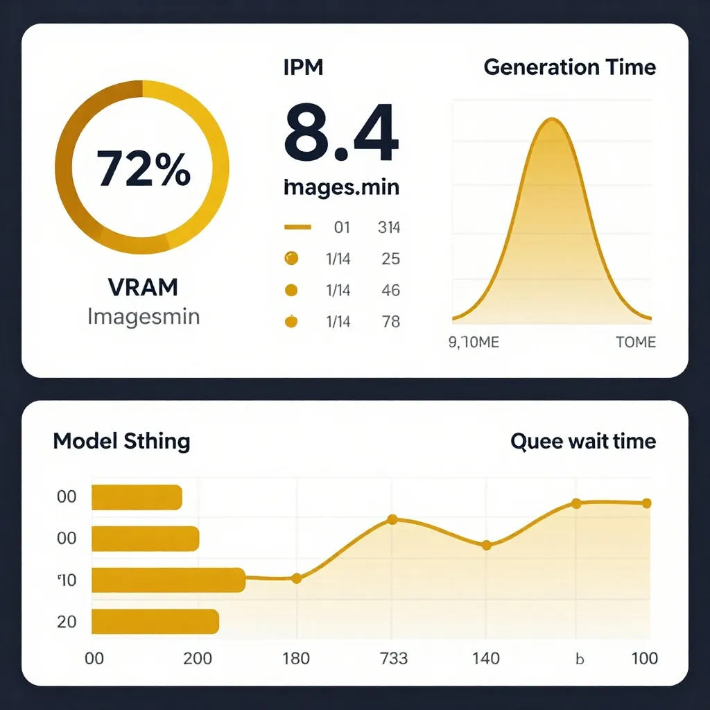 Dashboard showing VRAM gauge, IPM counter, generation time histogram, model switching frequency, and queue wait time