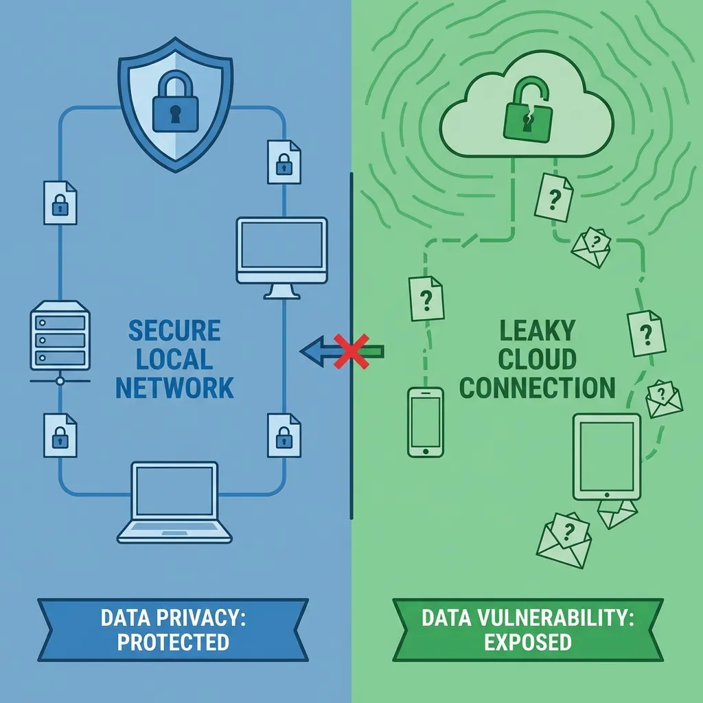 A visualization of a secure local network versus a leaky cloud connection, emphasizing data privacy and security