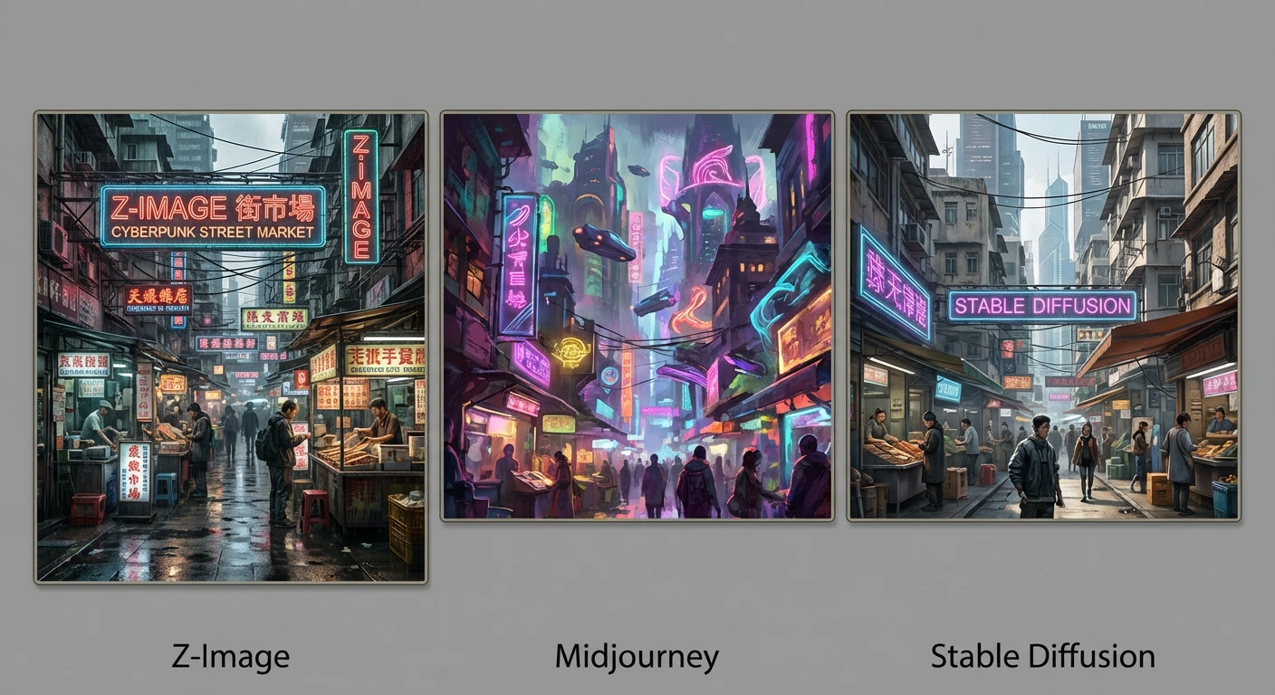 "cyberpunk street market" prompt from Z-Image
